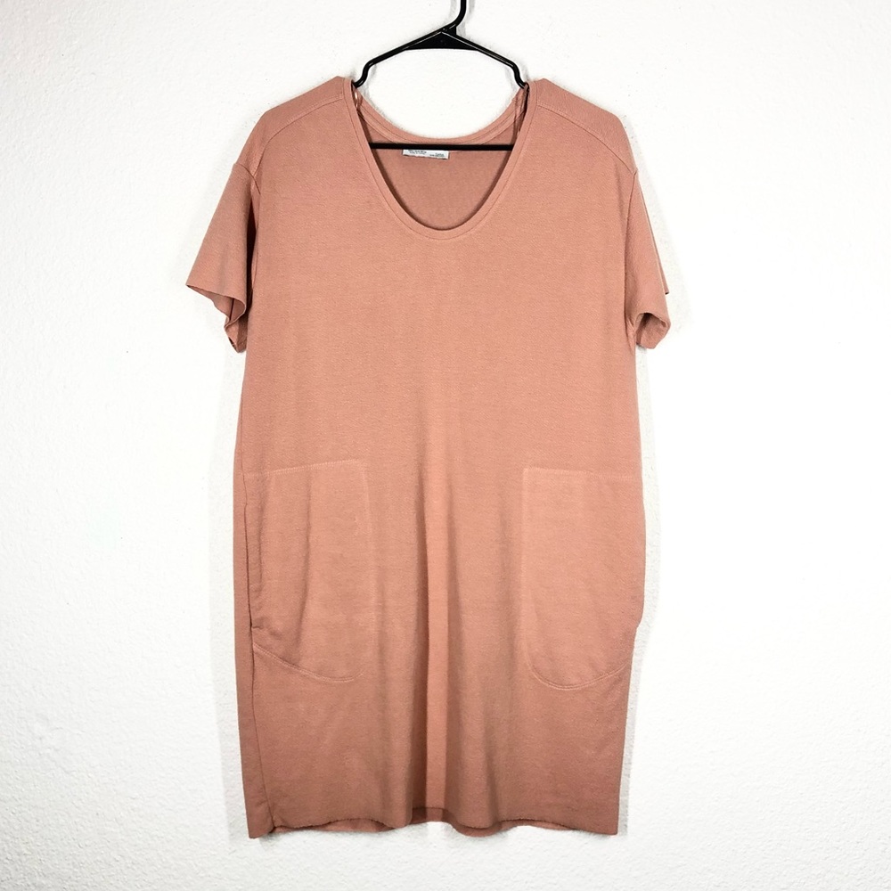 Zara Salmon Peach Shirt Dress Shift Pockets Short Sleeve M